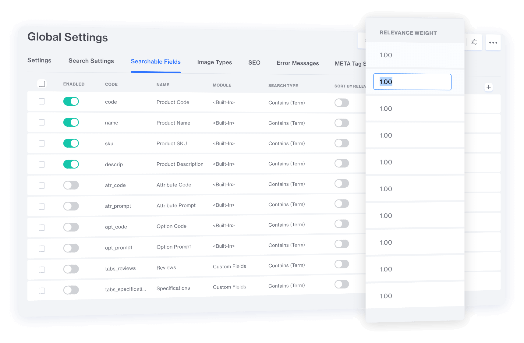 Screenshot of Global Settings in Miva admin, with expanded search rules popped out.
