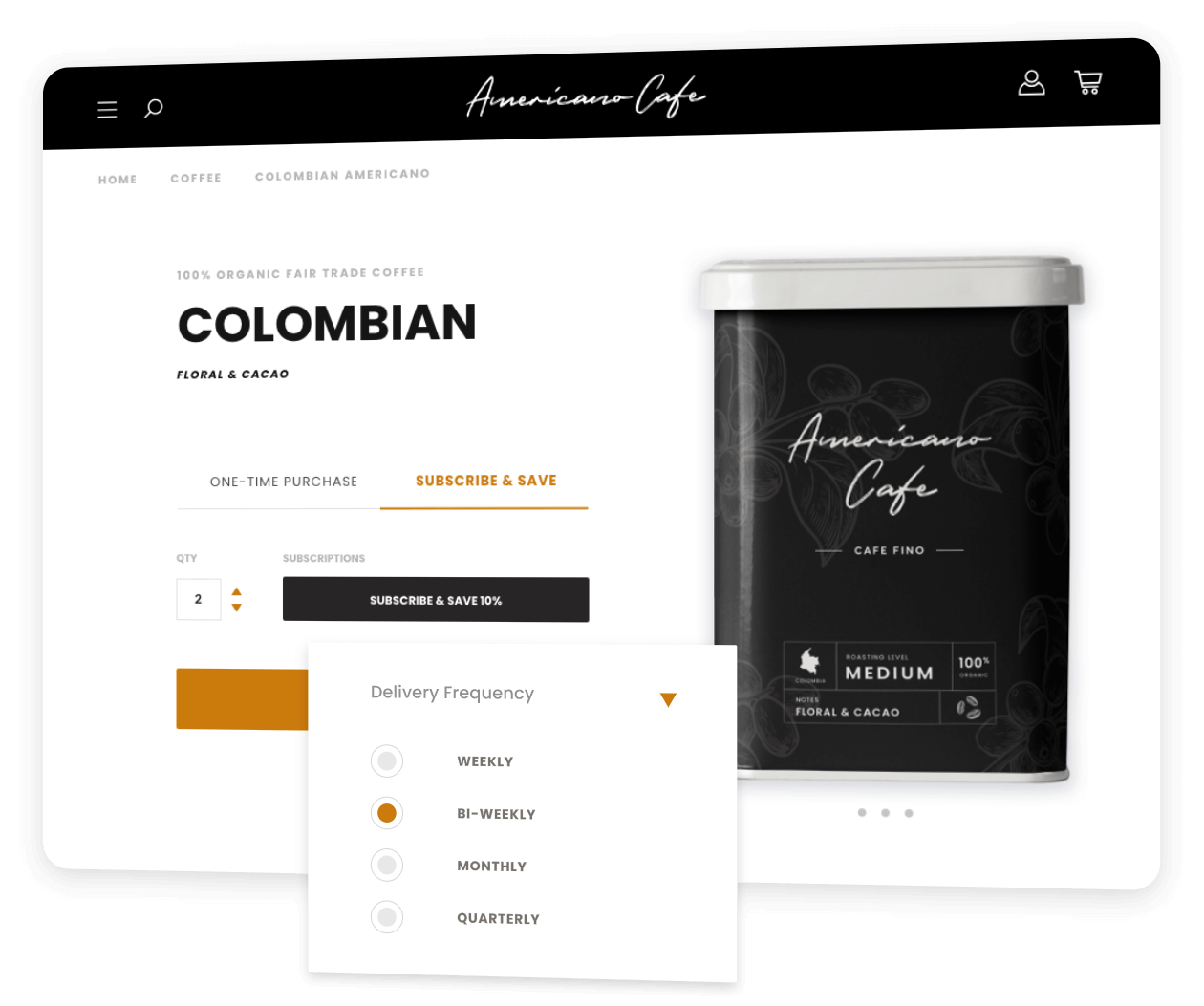 Screenshot of a coffee website product page with a dropdown for Delivery Frequency.