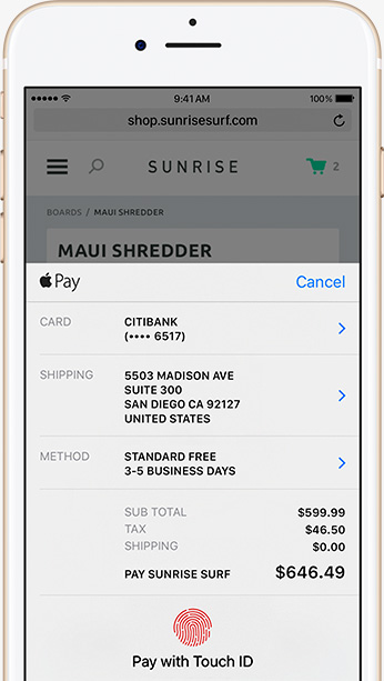 Mobile device with the Apple Pay dialog shown on top of the product page.