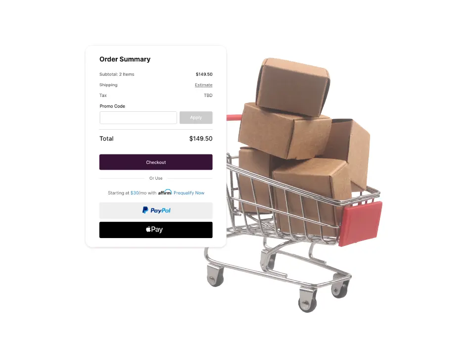 A shopping cart full of boxes and a popout of an Order Summary displayed on top.